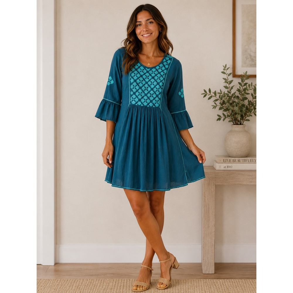 Meena Mahal Geeta Tharad Dress M Linen Modal Embroidered Boho Bell Sleeve Teal